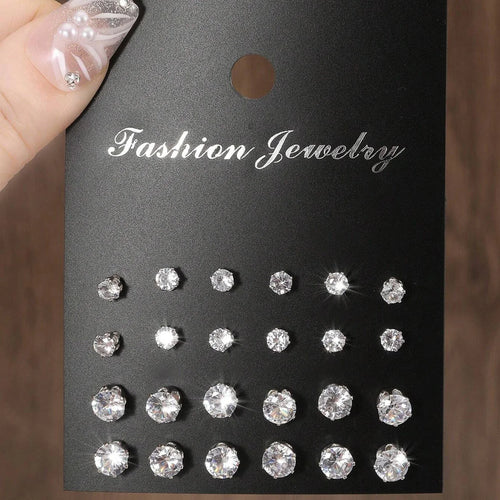 12 Pairs Zirconia Stud Earrings Set – Luxurious Shiny Gift for Women