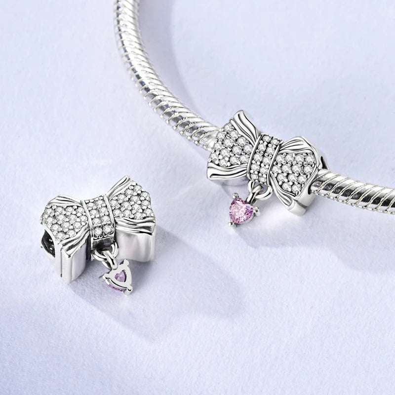 925 Sterling Silver Pink Heart Bow Charm – S925 Bangle Bracelet Bead