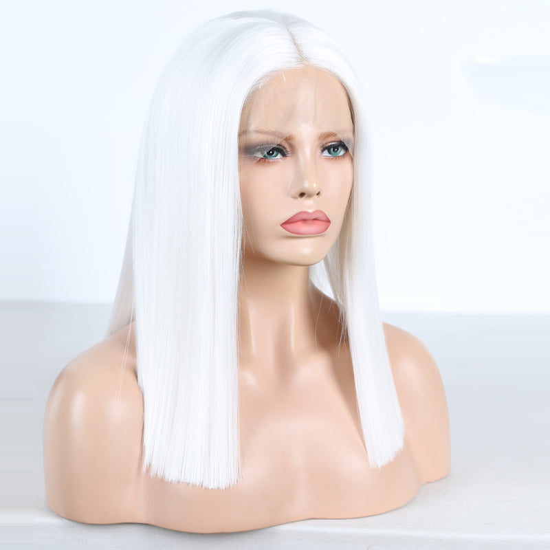 White Straight Bob Wig – T Lace Part Synthetic Hair with Baby Hair