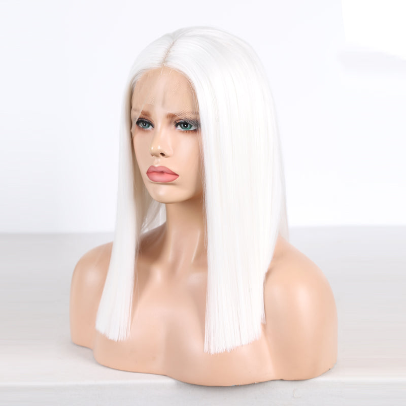 White Straight Bob Wig – T Lace Part Synthetic Hair with Baby Hair