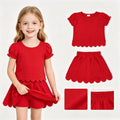 Red short sleeves scallop top skirt girls summer set