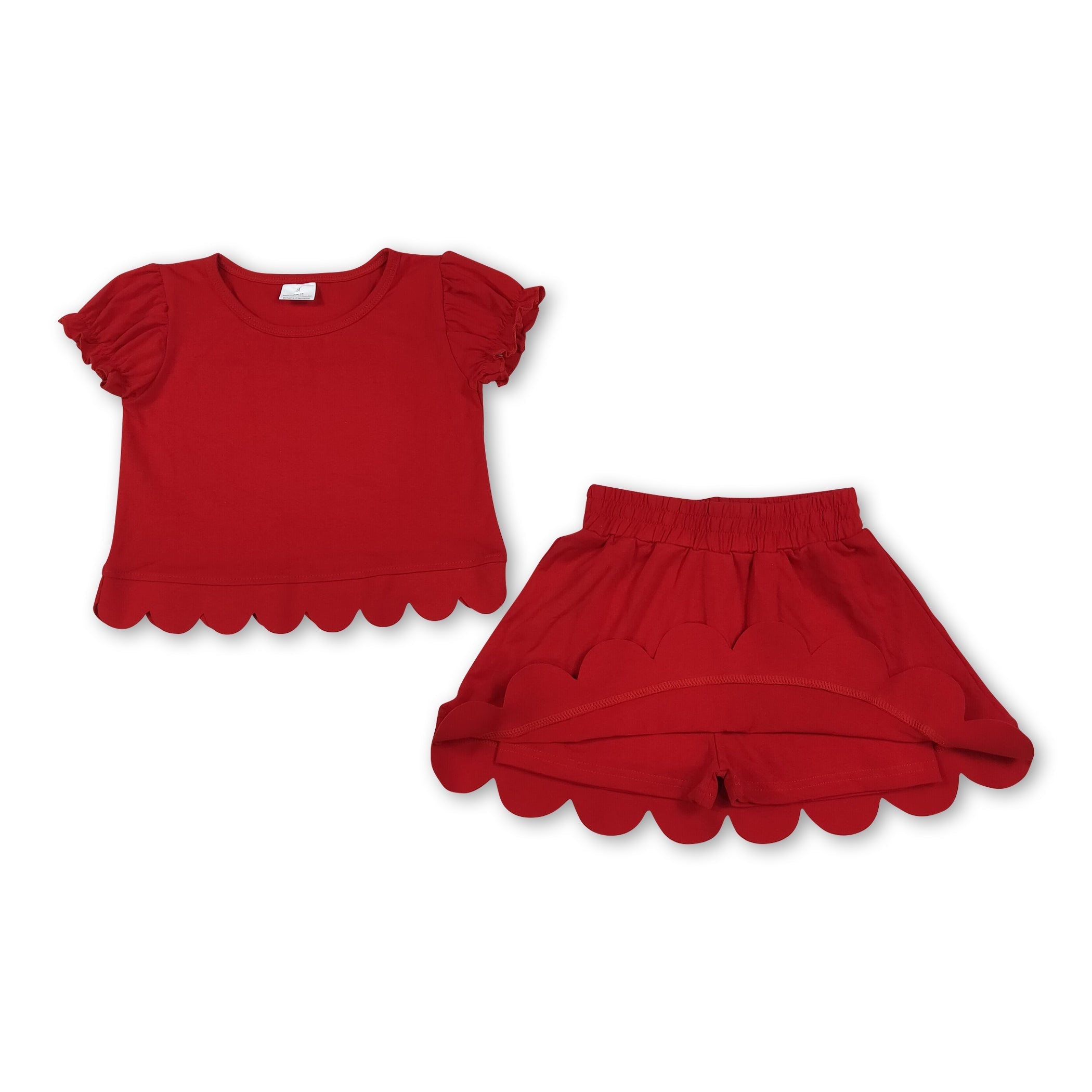 Red short sleeves scallop top skirt girls summer set