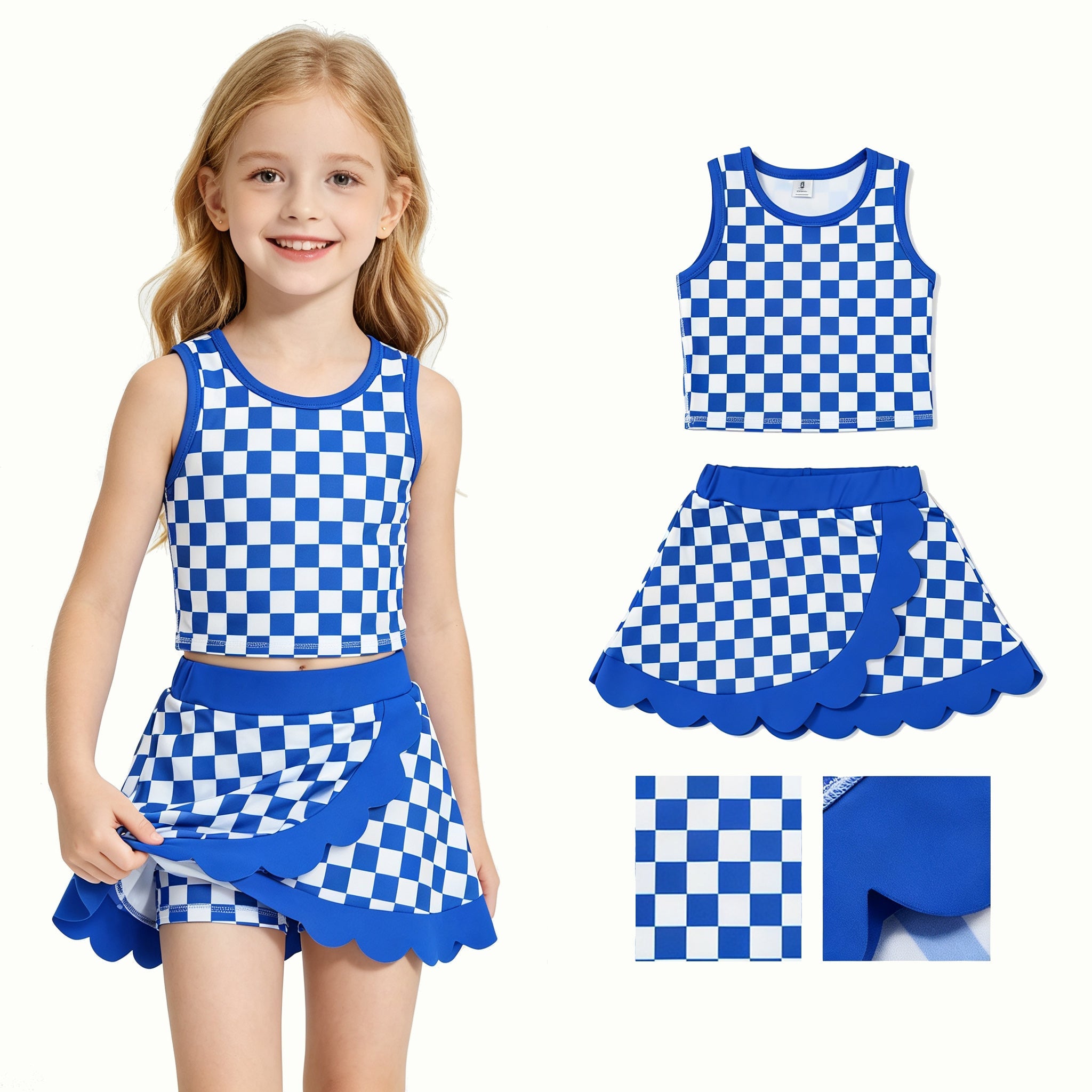 Scallop blue plaid girls summer team active wear set