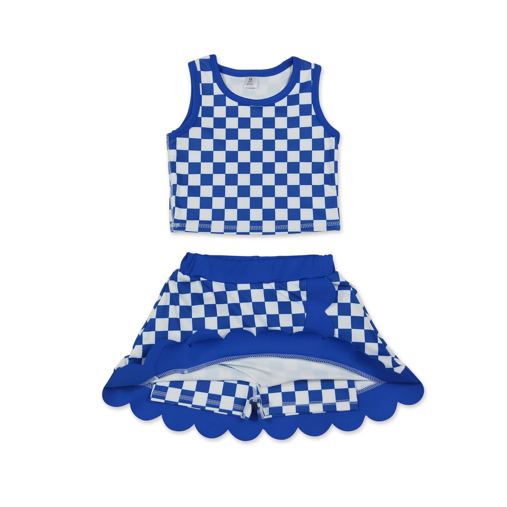 Scallop blue plaid girls summer team active wear set