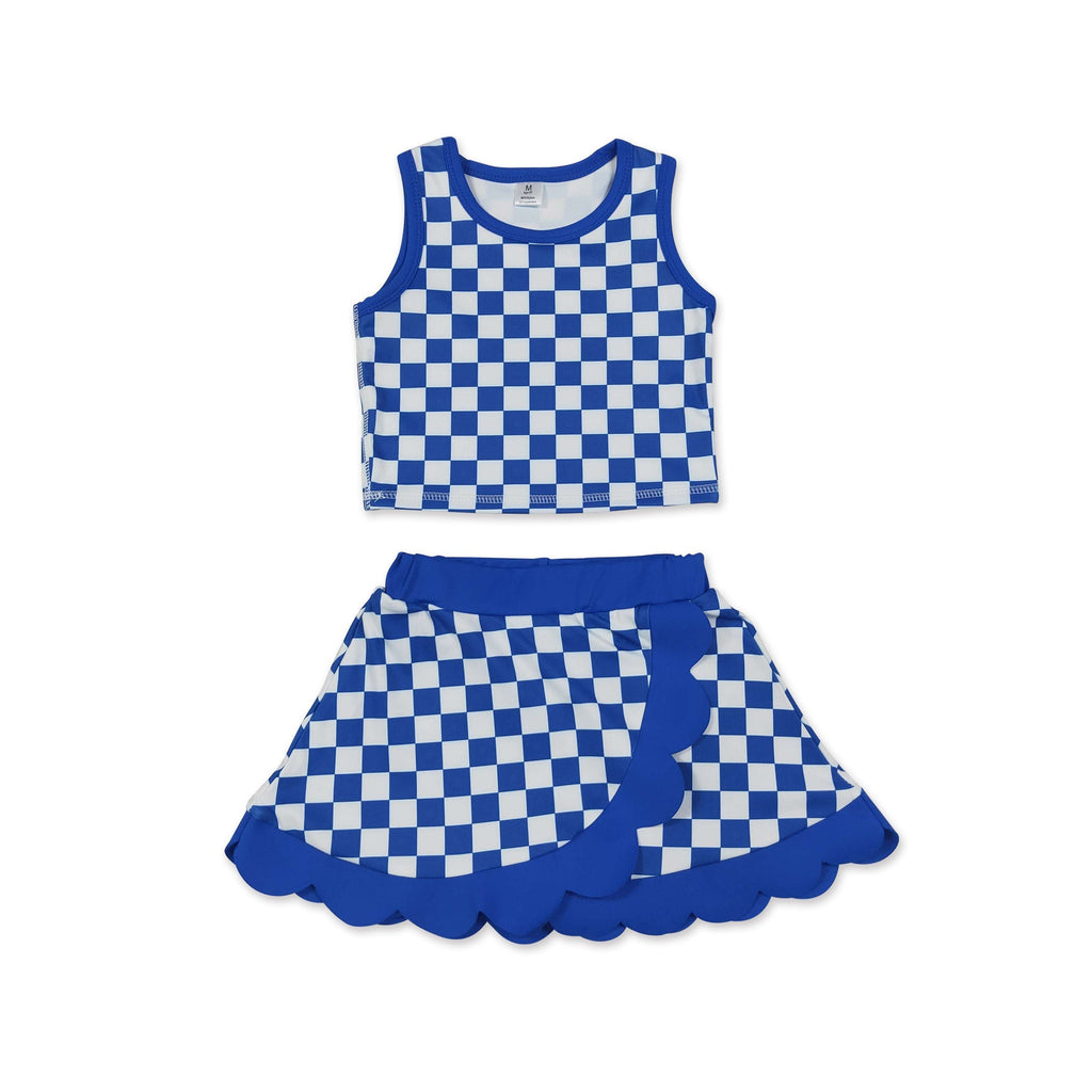 Scallop blue plaid girls summer team active wear set