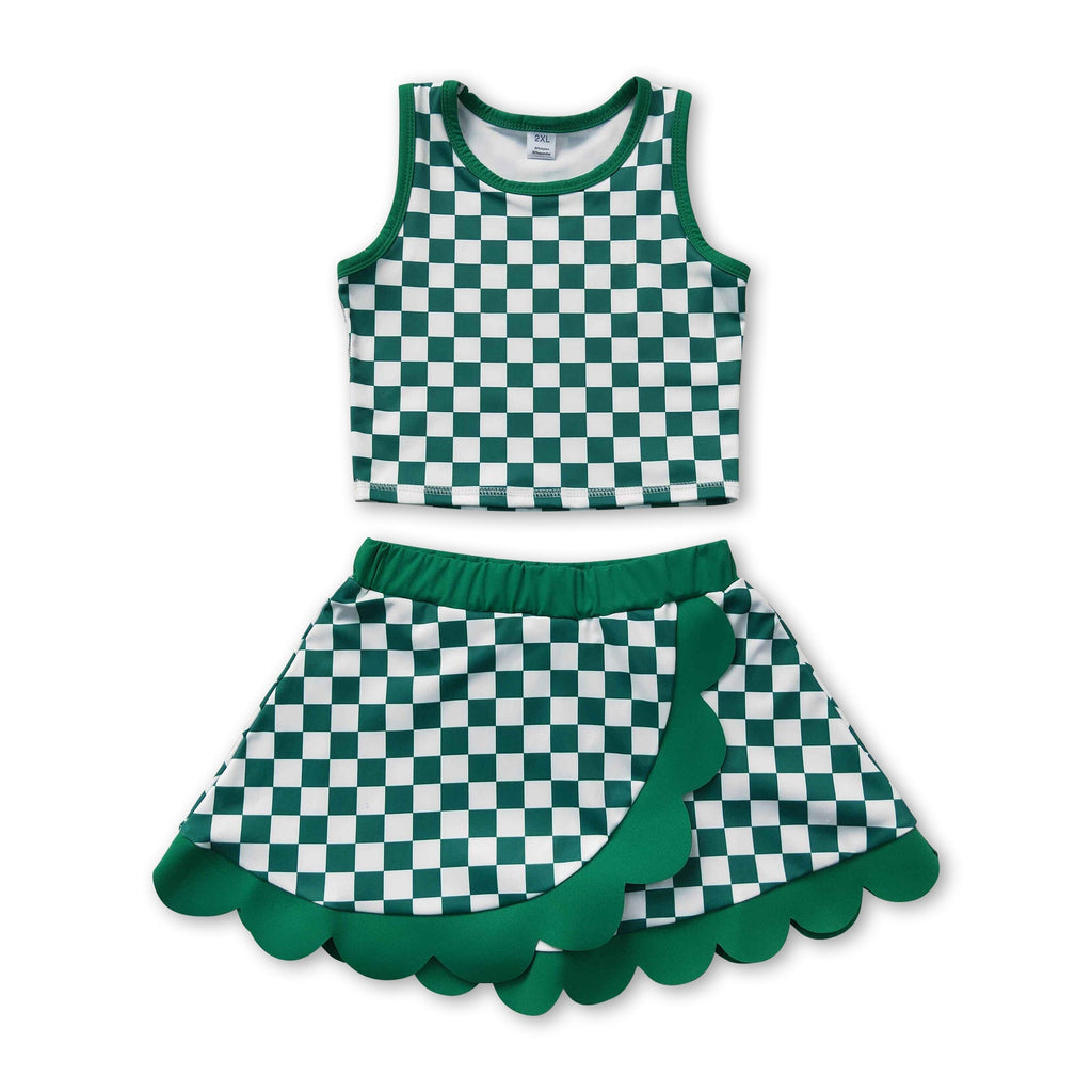 Sleeveless green plaid top scallop skirt girls active wear set