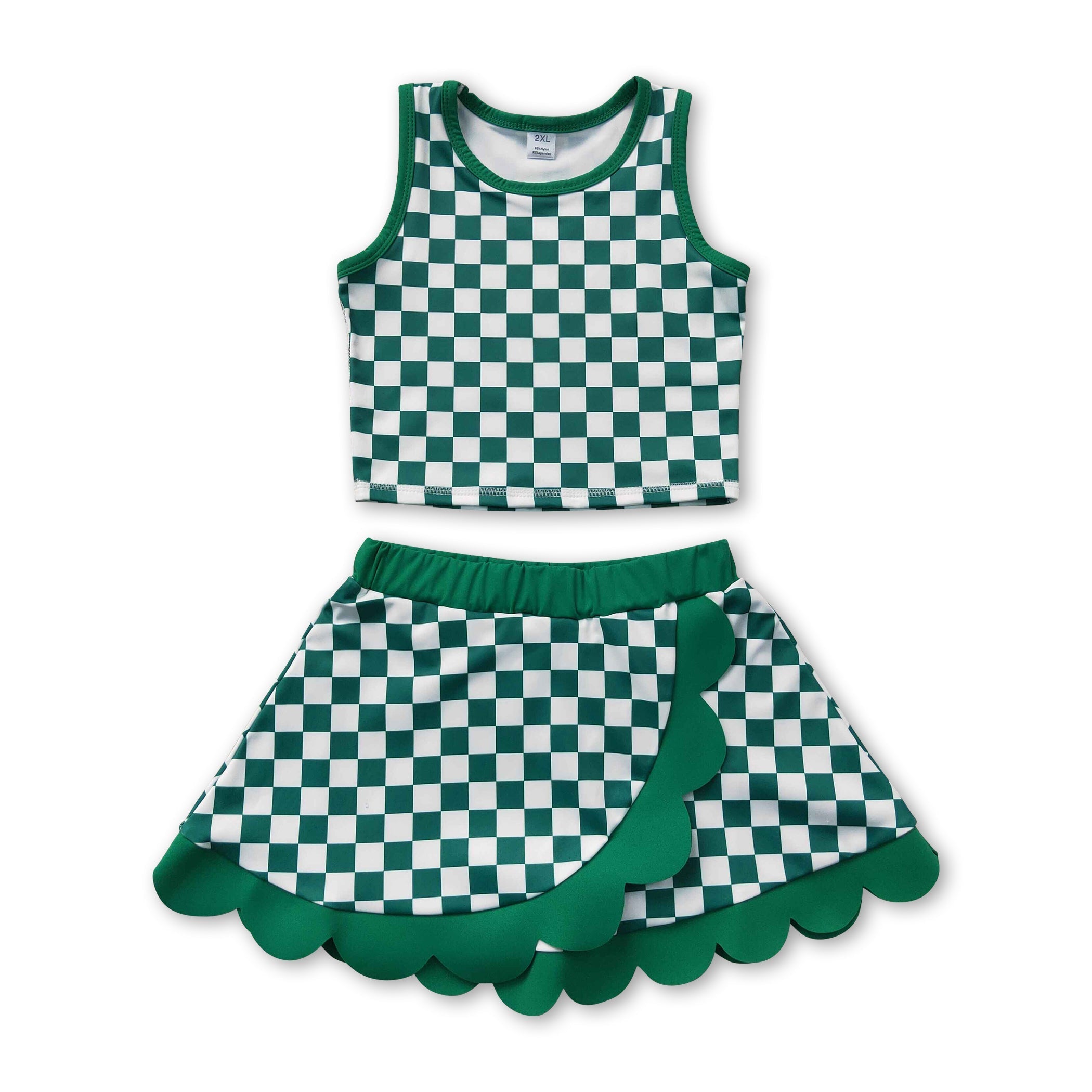 Sleeveless green plaid top scallop skirt girls active wear set
