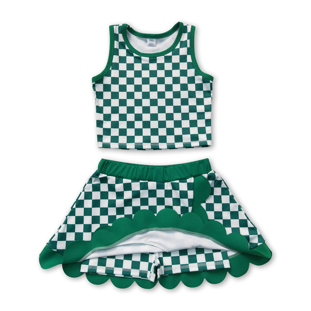 Sleeveless green plaid top scallop skirt girls active wear set