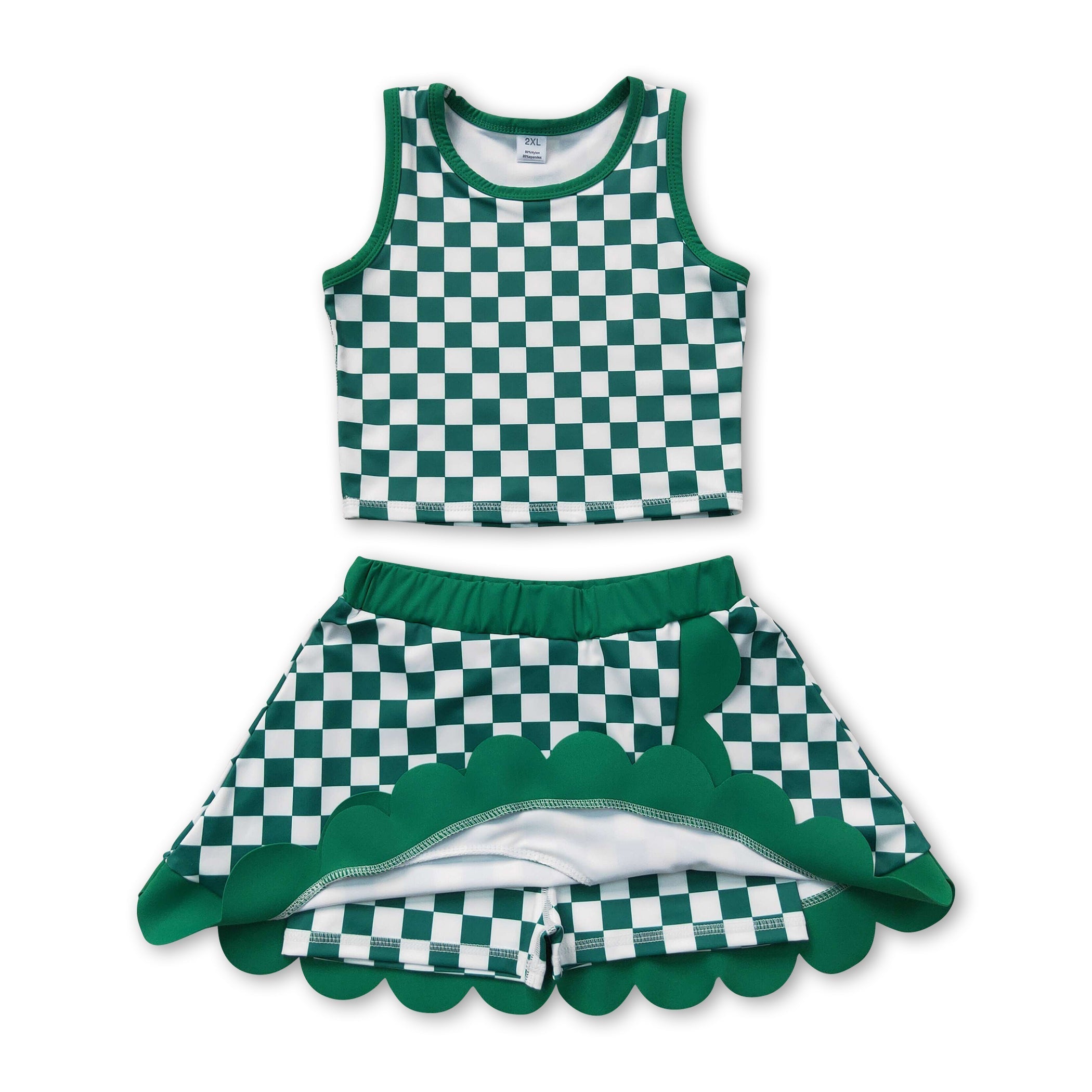 Sleeveless green plaid top scallop skirt girls active wear set