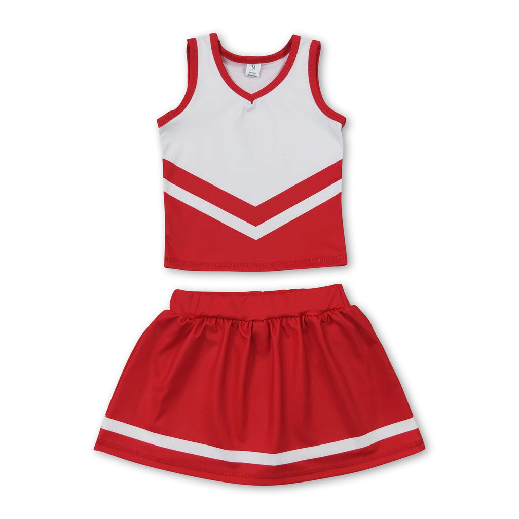 Sleeveless white red top skirt girls team cheer active set