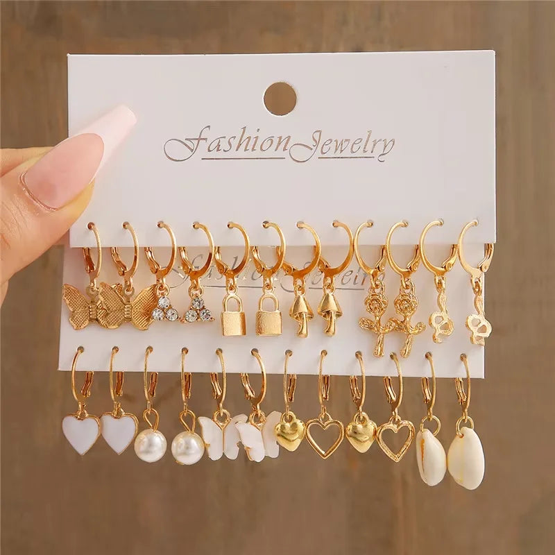 Geometric Hoop Earrings Set – Vintage Bohemian Pearl Gold Earrings for Women