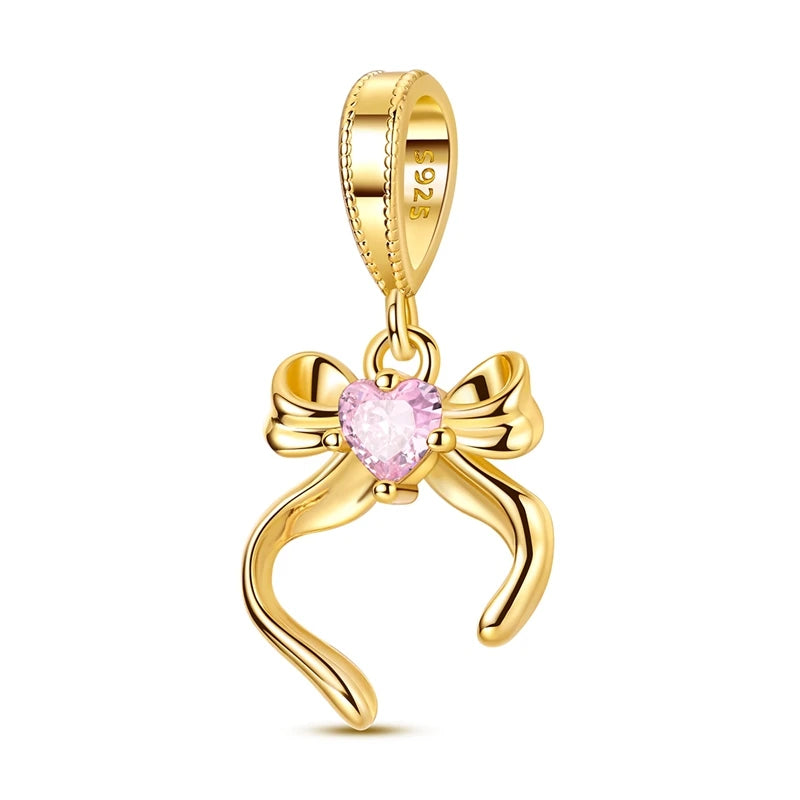 925 Sterling Silver Pink Heart Bow Charm – S925 Bangle Bracelet Bead