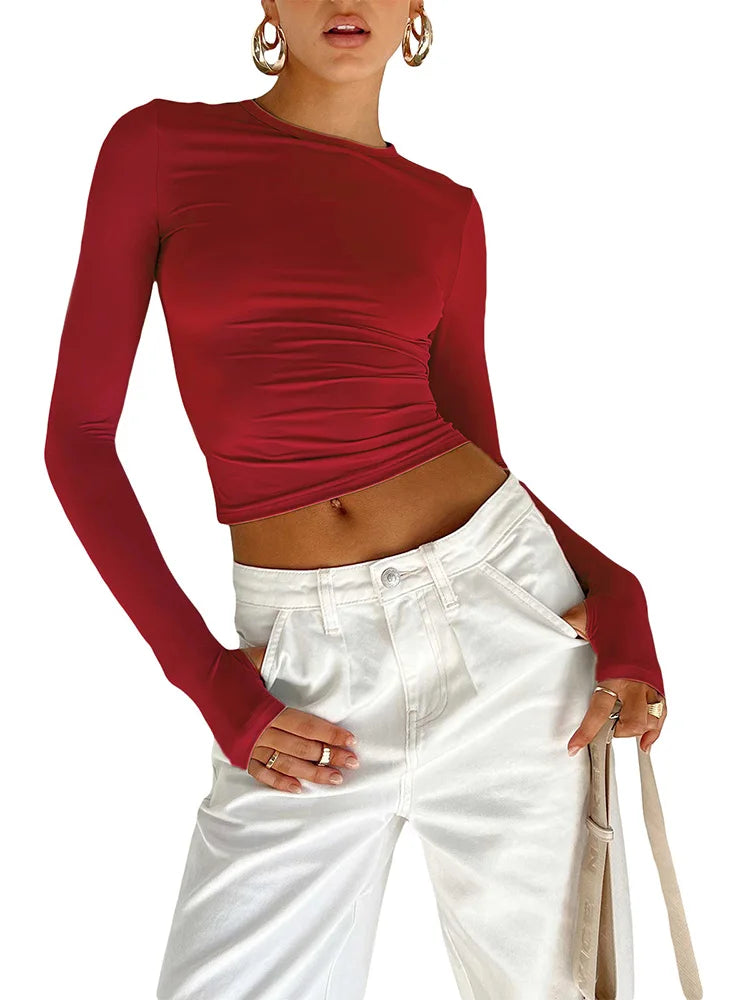 Women's Long Sleeve Crop Top – Slim Fit Streetwear with Thumb Holes