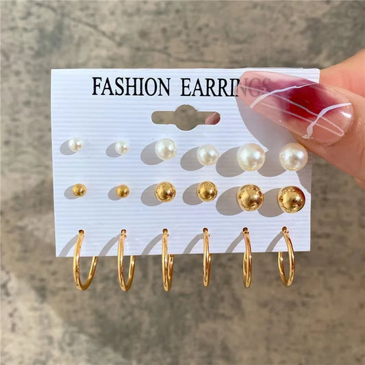 Geometric Hoop Earrings Set – Vintage Bohemian Pearl Gold Earrings for Women