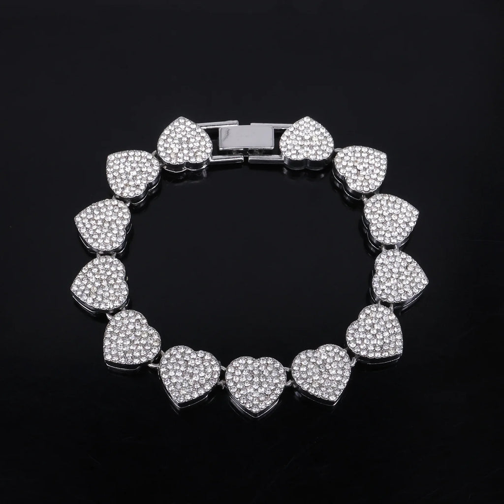 Hip Hop Tennis Chain & Bracelet Set – Shiny Rhinestone CZ Heart Jewelry