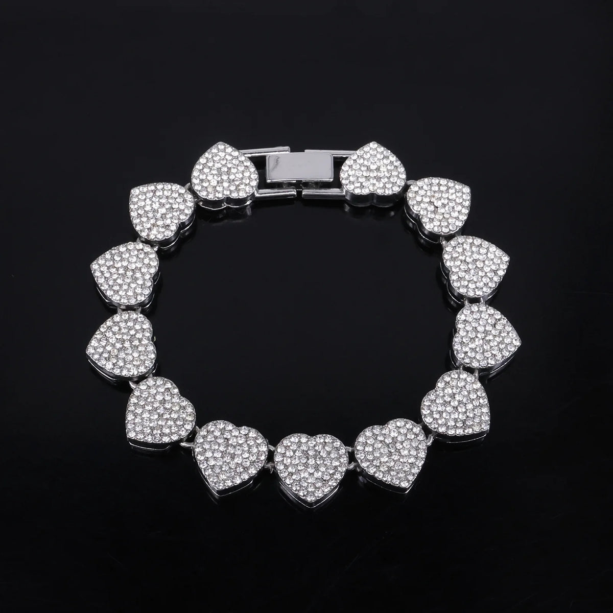 Hip Hop Tennis Chain & Bracelet Set – Shiny Rhinestone CZ Heart Jewelry