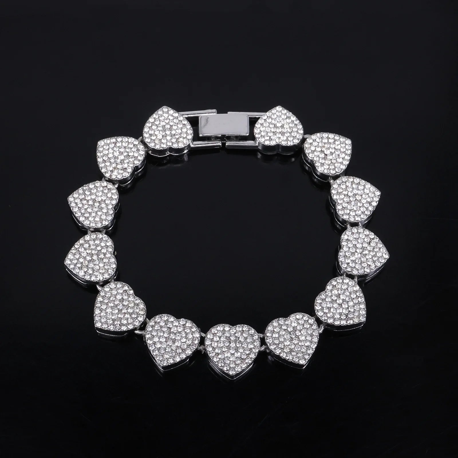 Hip Hop Tennis Chain & Bracelet Set – Shiny Rhinestone CZ Heart Jewelry