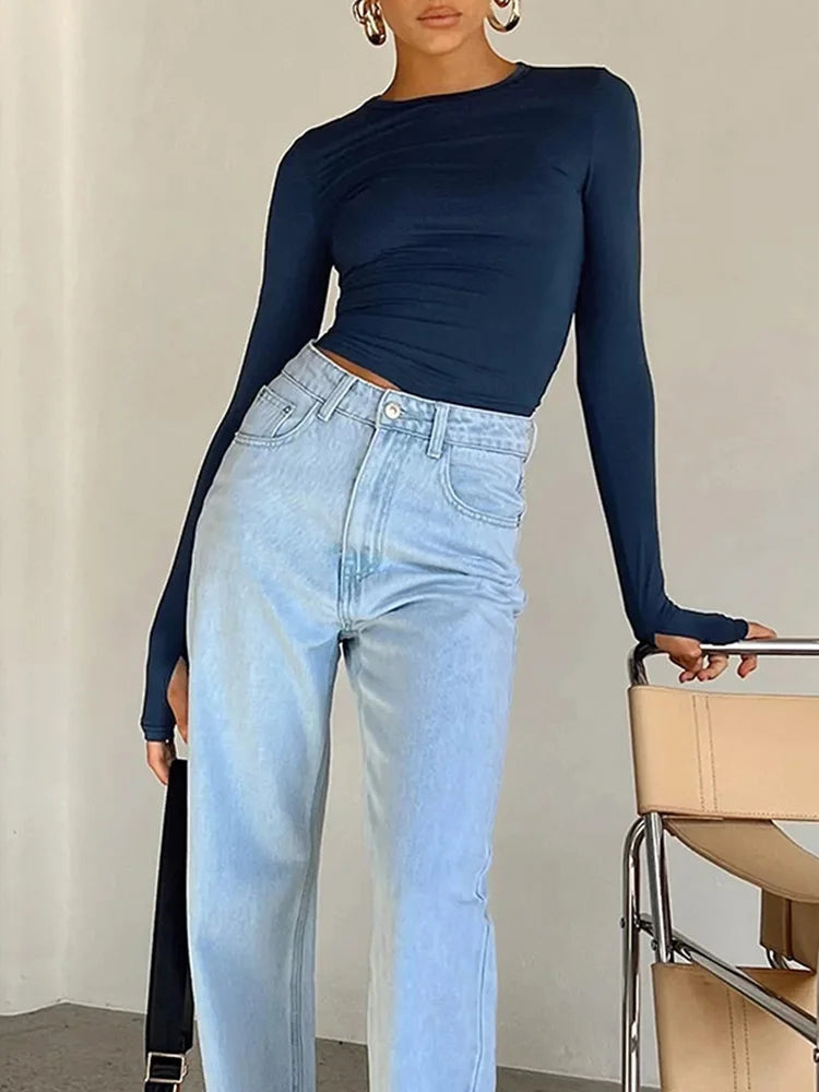 Women's Long Sleeve Crop Top – Slim Fit Streetwear with Thumb Holes