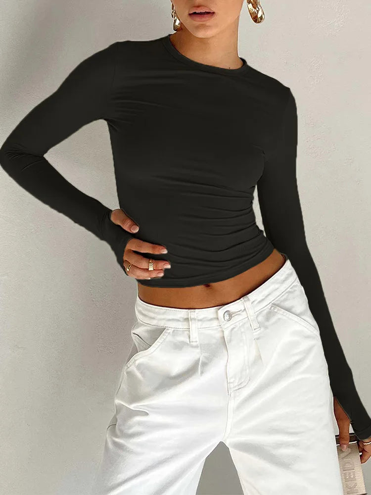 Women's Long Sleeve Crop Top – Slim Fit Streetwear with Thumb Holes