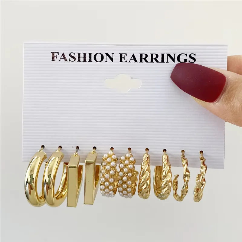 Geometric Hoop Earrings Set – Vintage Bohemian Pearl Gold Earrings for Women