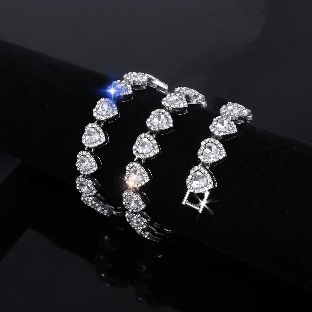 Hip Hop Tennis Chain & Bracelet Set – Shiny Rhinestone CZ Heart Jewelry