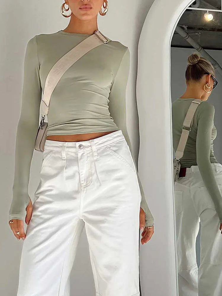 Women's Long Sleeve Crop Top – Slim Fit Streetwear with Thumb Holes