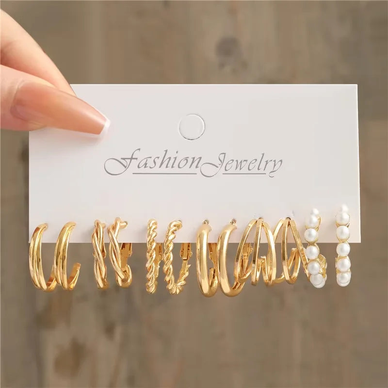 Geometric Hoop Earrings Set – Vintage Bohemian Pearl Gold Earrings for Women