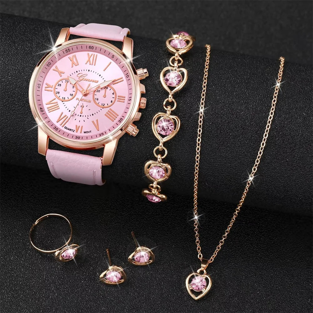 6PCS Women's Quartz Watch & Jewelry Set – Heart Rhinestone Leather Band
