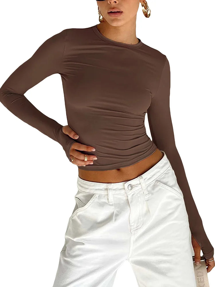 Women's Long Sleeve Crop Top – Slim Fit Streetwear with Thumb Holes