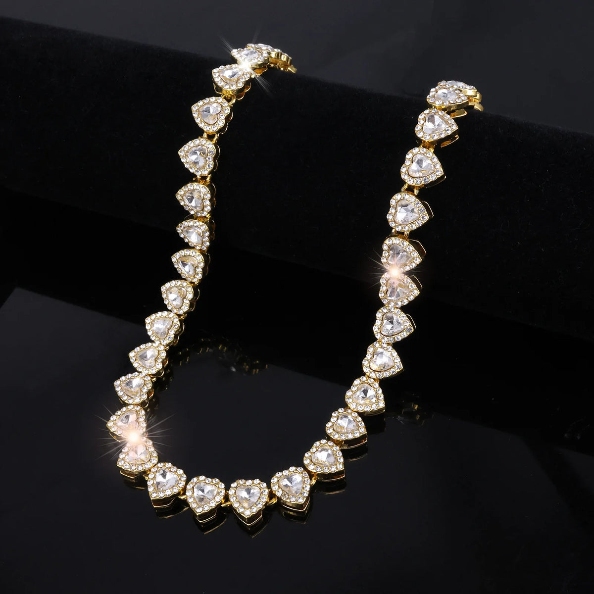 Hip Hop Tennis Chain & Bracelet Set – Shiny Rhinestone CZ Heart Jewelry