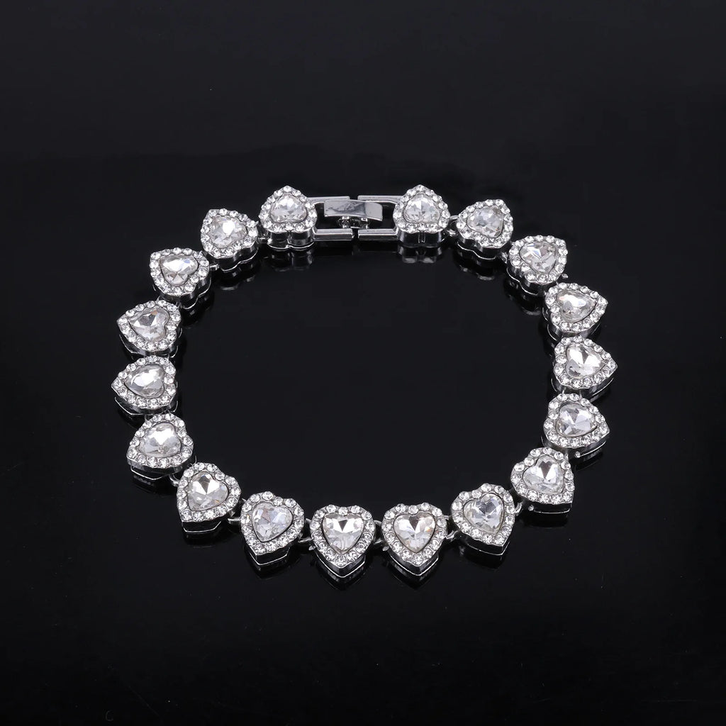 Hip Hop Tennis Chain & Bracelet Set – Shiny Rhinestone CZ Heart Jewelry