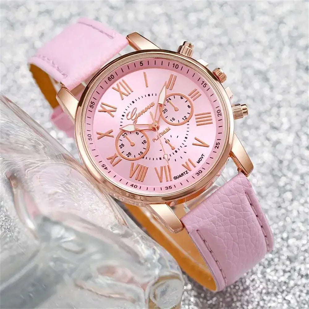 6PCS Women's Quartz Watch & Jewelry Set – Heart Rhinestone Leather Band