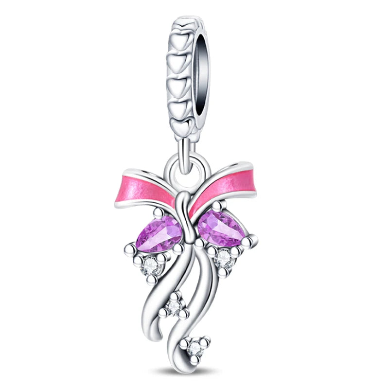 925 Sterling Silver Pink Heart Bow Charm – S925 Bangle Bracelet Bead