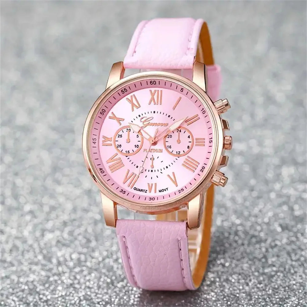 6PCS Women's Quartz Watch & Jewelry Set – Heart Rhinestone Leather Band