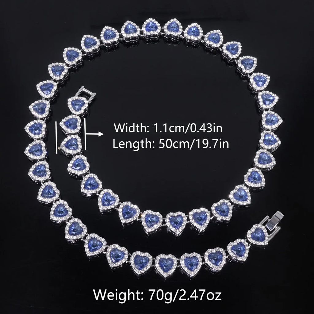 Hip Hop Tennis Chain & Bracelet Set – Shiny Rhinestone CZ Heart Jewelry