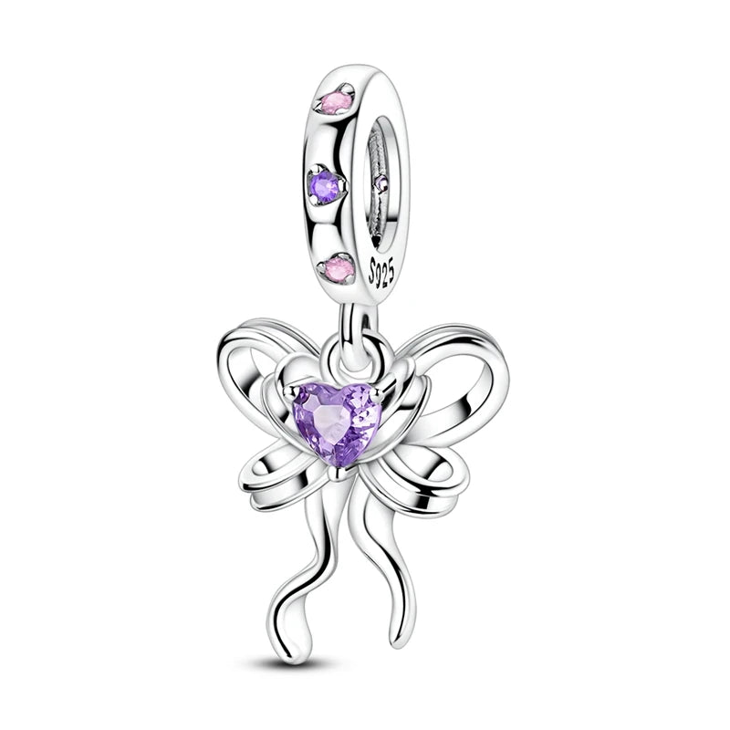 925 Sterling Silver Pink Heart Bow Charm – S925 Bangle Bracelet Bead