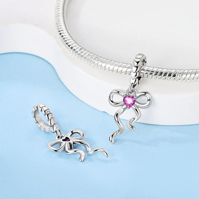 925 Sterling Silver Pink Heart Bow Charm – S925 Bangle Bracelet Bead