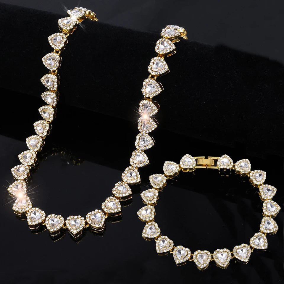 Hip Hop Tennis Chain & Bracelet Set – Shiny Rhinestone CZ Heart Jewelry