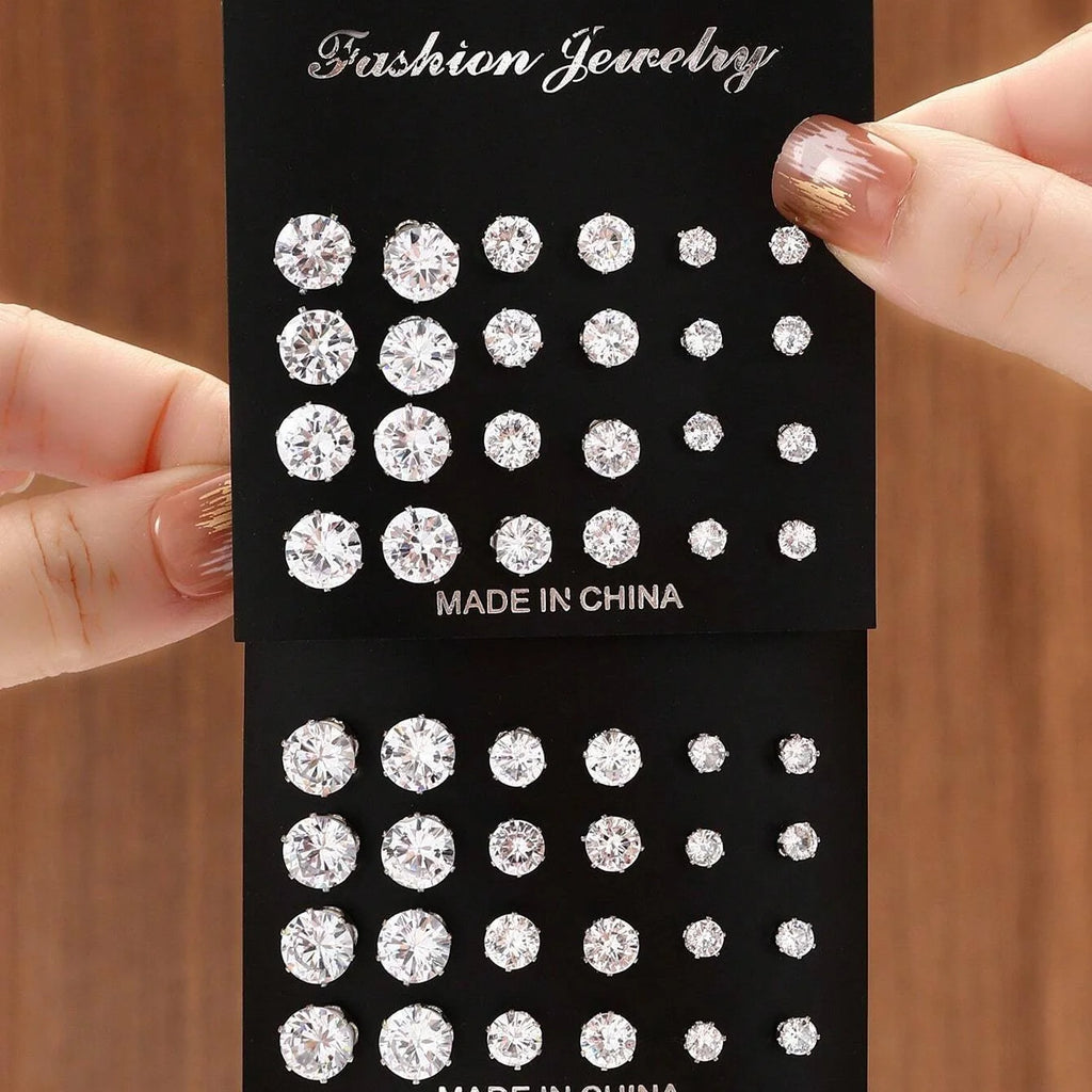 12 Pairs Zirconia Stud Earrings Set – Luxurious Shiny Gift for Women