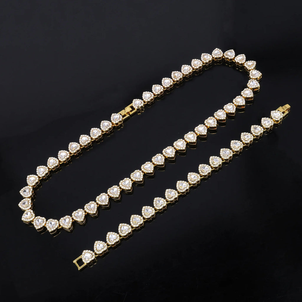 Hip Hop Tennis Chain & Bracelet Set – Shiny Rhinestone CZ Heart Jewelry