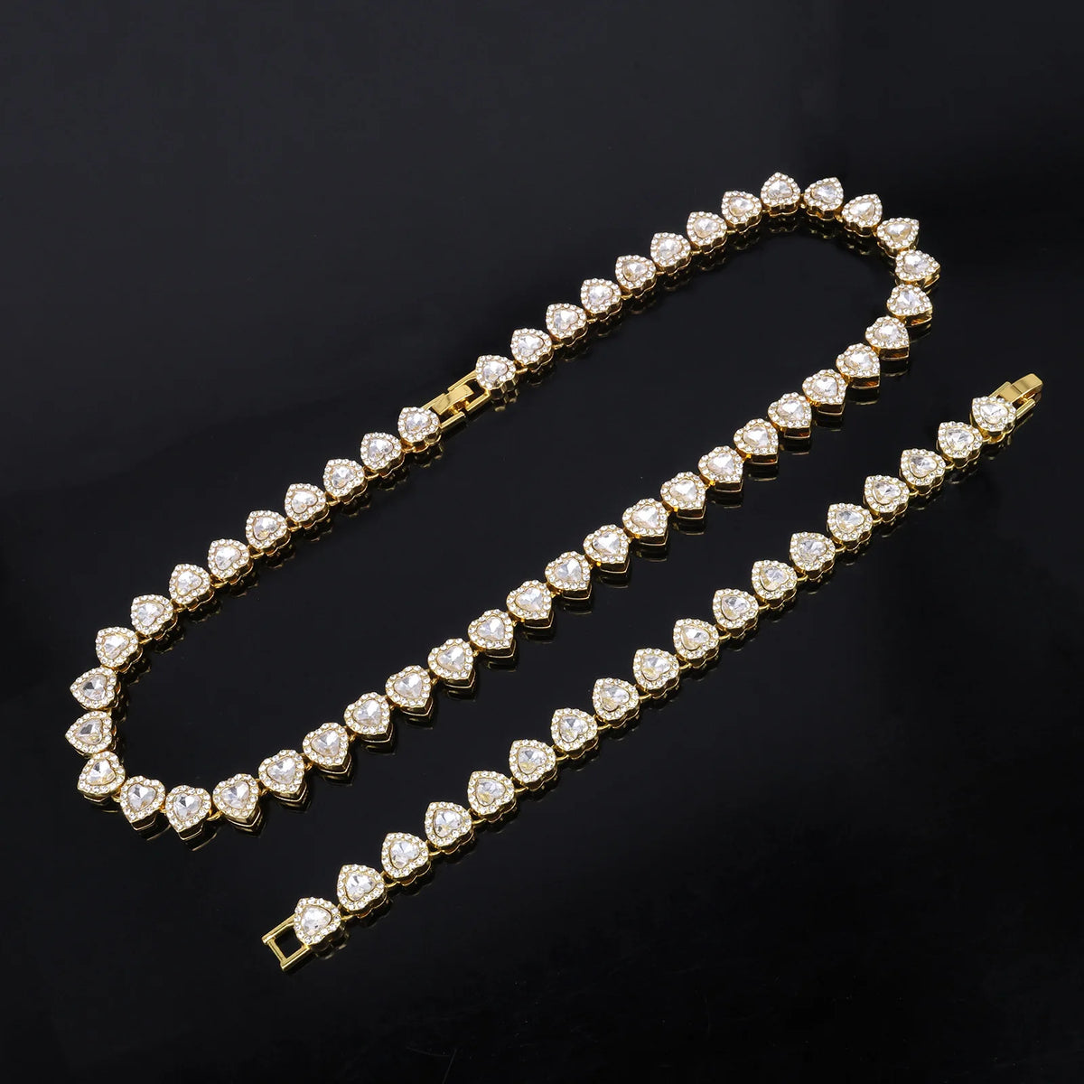 Hip Hop Tennis Chain & Bracelet Set – Shiny Rhinestone CZ Heart Jewelry