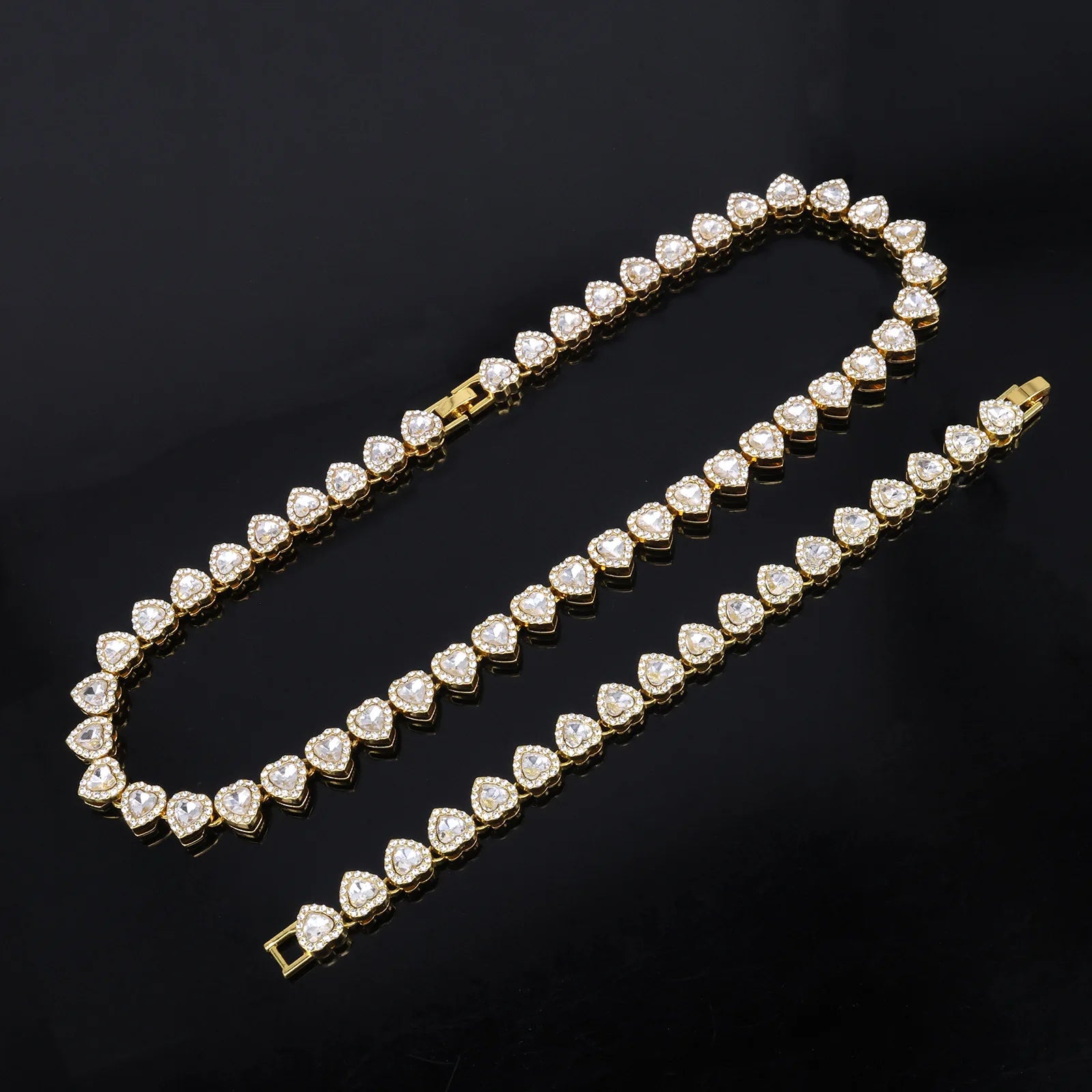 Hip Hop Tennis Chain & Bracelet Set – Shiny Rhinestone CZ Heart Jewelry