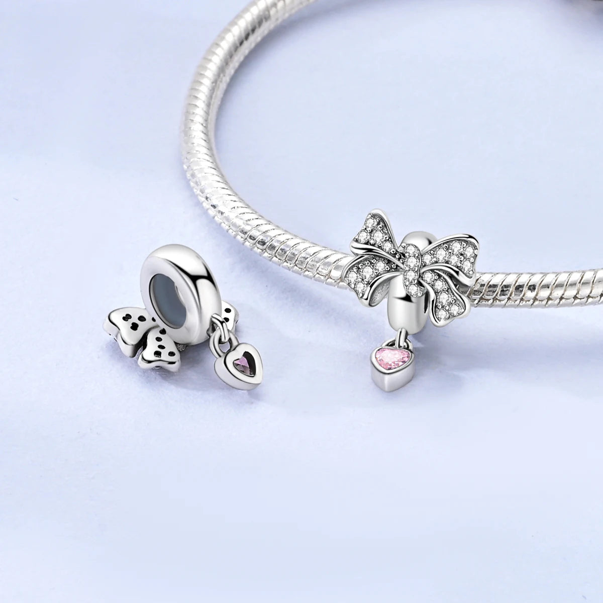 925 Sterling Silver Pink Heart Bow Charm – S925 Bangle Bracelet Bead