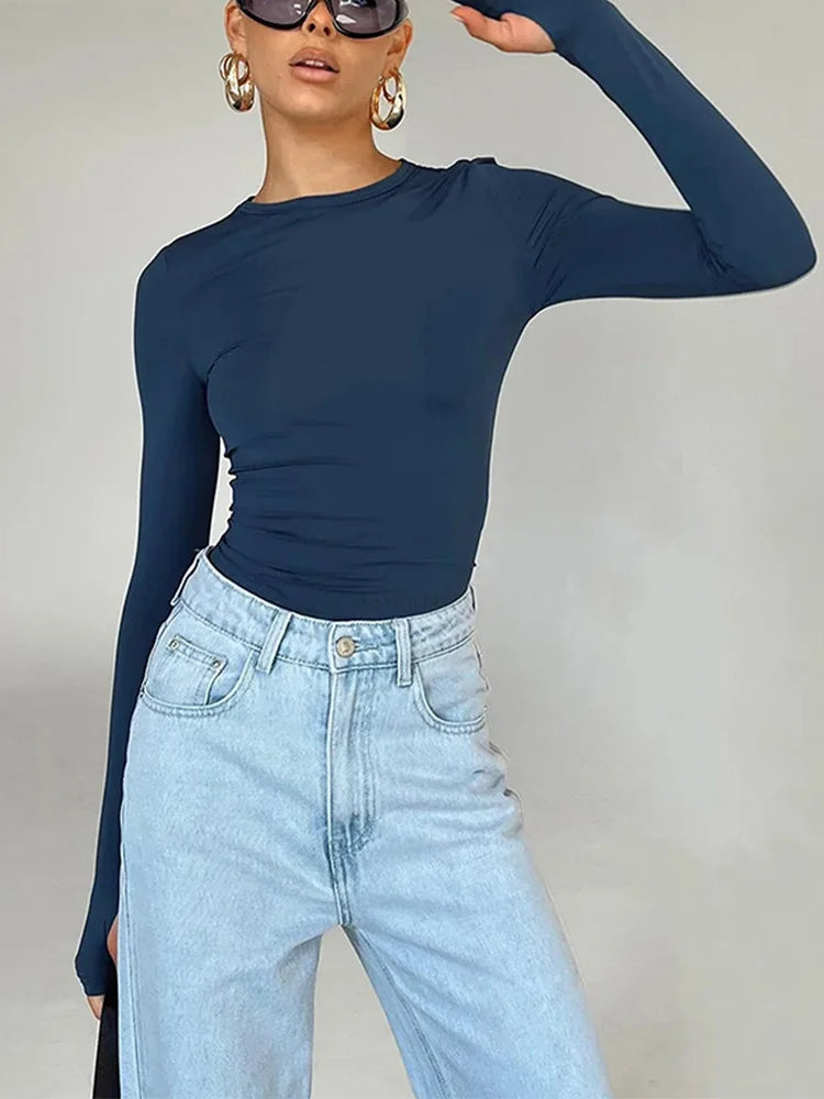 Women's Long Sleeve Crop Top – Slim Fit Streetwear with Thumb Holes